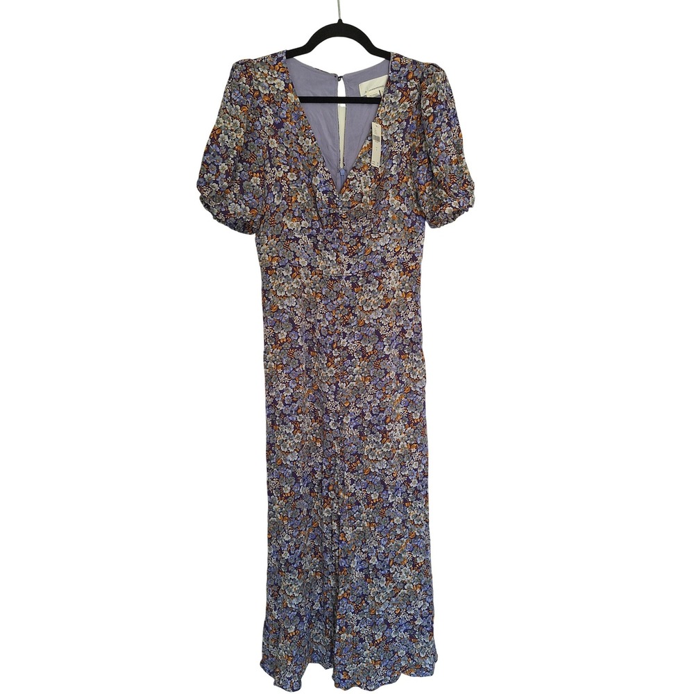 Anthropologie Floral Maxi Dress Purple Blue Puff Sleeve Smocked Back Size‎ 4 NEW